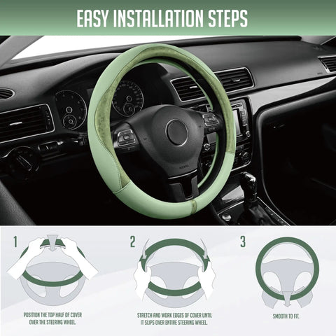 Upgrade Your Whip With This Fresh Green Patterned Steering Wheel Cover Crafted From Soft PU Leather Patchwork shown in car installation steps.