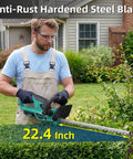Pro Grade Cordless Hedge Trimmer With 22 Inch Dual Action Blades Brushless Motor in use on garden hedges