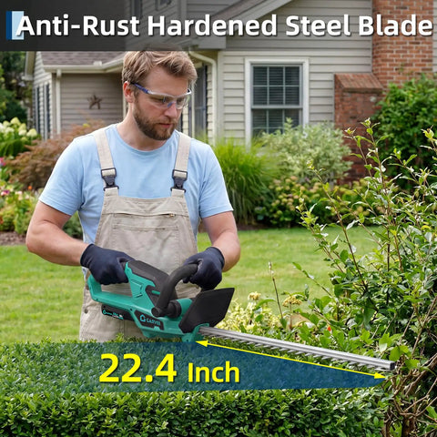 Pro Grade Cordless Hedge Trimmer With 22 Inch Dual Action Blades Brushless Motor in use on garden hedges