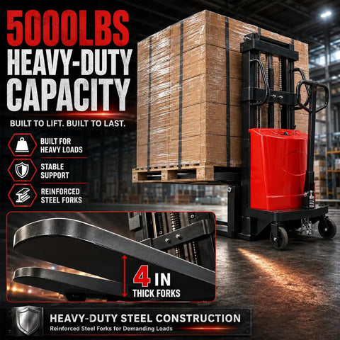 Heavy Duty 5000lb Semi Electric Pallet Stacker With High Speed 5.2kw Motor And 72v Big Battery, showing 4 inch thick forks lifting pallets.