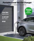 Tesla Level 1 2 Portable EV Charger 16 Amp With 25 Ft Cable Led Indicator Plug And Play Nema 5-15 Adapter charging vehicle.
