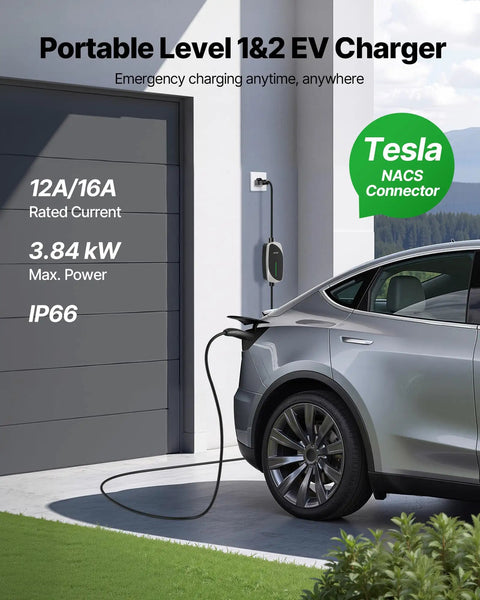 Tesla Level 1 2 Portable EV Charger 16 Amp With 25 Ft Cable Led Indicator Plug And Play Nema 5-15 Adapter charging vehicle.