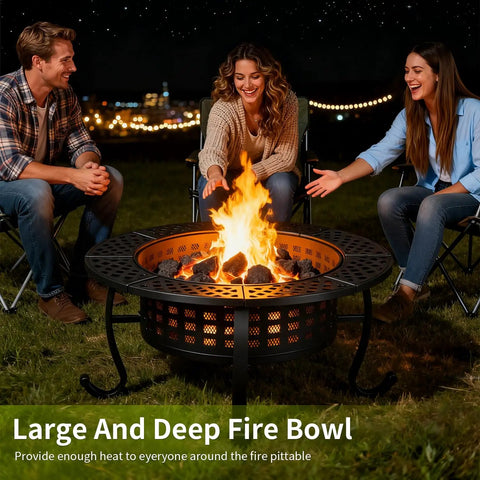 36 Inch Fire Pit Table With 2 Adjustable Grills Wood Burning Outdoor Fire Pit With Lid And Poker 3 In 1 BBQ Grill Patio Table For Backyard Parties Camping And Picnics Party Ready with group around fire at night.