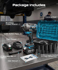 Package includes Impact Wrench 1500 Nm Brushless Cordless High Torque With Dual 4Ah Batteries, 4 Speed Settings, 3500 RPM, Half Inch Drive For Cars Trucks And Heavy Duty Truck Repairs, case and sockets