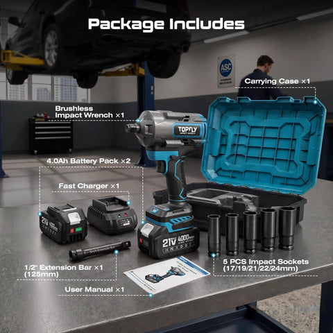 Package includes Impact Wrench 1500 Nm Brushless Cordless High Torque With Dual 4Ah Batteries, 4 Speed Settings, 3500 RPM, Half Inch Drive For Cars Trucks And Heavy Duty Truck Repairs, case and sockets
