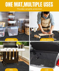 Extra Large Garage Floor Mat Heavy Duty Oil Absorbent Parking Mat With Waterproof Non Slip Backing Washable Reusable Floor Protector for Garage Driveway Workshop and SUV Velcro Strips Included shown in various uses: kitchen, work areas, BBQ, car trunk.