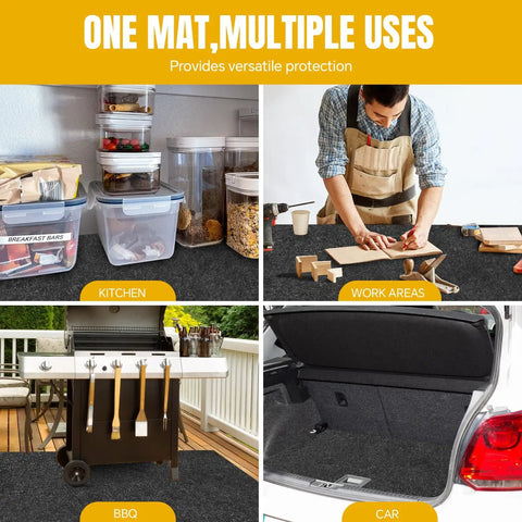 Extra Large Garage Floor Mat Heavy Duty Oil Absorbent Parking Mat With Waterproof Non Slip Backing Washable Reusable Floor Protector for Garage Driveway Workshop and SUV Velcro Strips Included shown in various uses: kitchen, work areas, BBQ, car trunk.