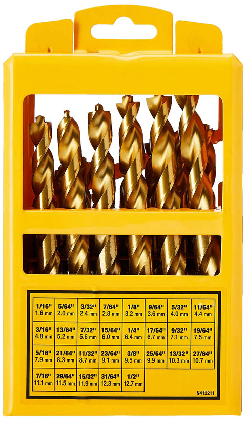 Titanium Nitride Coated Drill Bit Set With Pilot Point, 29-Piece, Includes 1/16 To 1/2 Inch Bits In Durable Carry Case, No Spin Shanks, Tapered Web For Extra Durability, Clean Starter Holes, Long-Lasting Performance