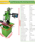 IntSupermai 1500W Brushless Vertical Mill Drill Machine R8 Taper 50-2250 RPM Variable Speed with detailed parameters and dimensions.