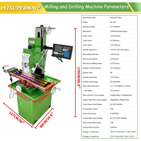 IntSupermai 1500W Brushless Vertical Mill Drill Machine R8 Taper 50-2250 RPM Variable Speed with detailed parameters and dimensions.