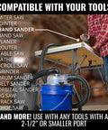 Low-Pro Plus Cyclone Dust Separator for Shop Vacuums in use with shop tools, includes 2.5-inch adapter and 3 ft hose, fits 5-gallon buckets