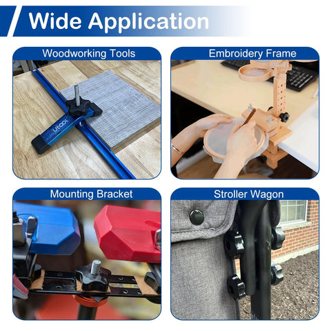 7-piece black 5/16-18 knob set with star knobs for clamping; shown on woodworking tools and embroidery frame.