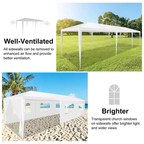 10x30 Ft Party Tent Outdoor Canopy for Backyard Bash Parties with 8 Removable Sidewalls shown on grass and beach setups