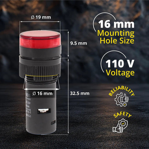 Energy Saving LED Indicator Light 110V AC DC 20mA Red Panel Mount with 16mm Mounting Hole for Industrial Equipment