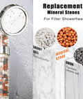 Visible Six Pack Shower Filter Beads Set With Anion Mineral Balls That Purify And Soften Water For Filter Shower Heads Three Diameters 7 To 8 Mm Each About 200 G Total For Shower Aquarium And Plant Use with close-up of showerhead and mineral balls.