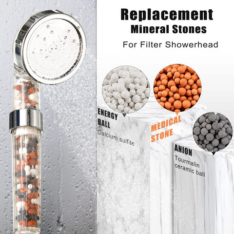 Visible Six Pack Shower Filter Beads Set With Anion Mineral Balls That Purify And Soften Water For Filter Shower Heads Three Diameters 7 To 8 Mm Each About 200 G Total For Shower Aquarium And Plant Use with close-up of showerhead and mineral balls.