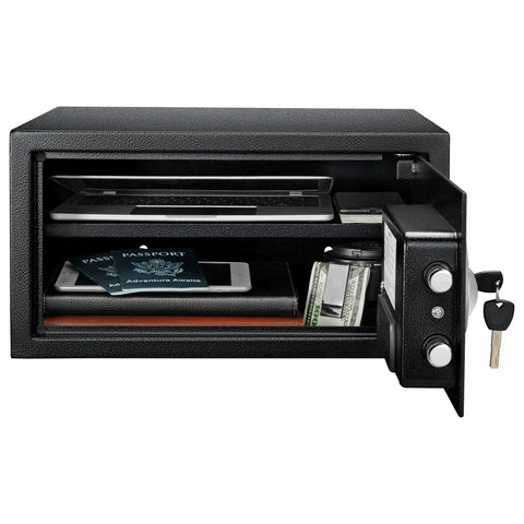 Built Tough Heavy Duty Steel Security Safe With Digital Keypad For Valuables And Cash, open view showing contents and removable shelf.