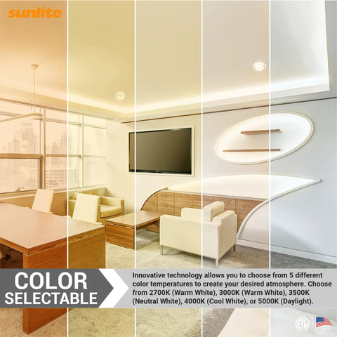Interior lit by LED 4 Inch Round Retrofit Gimbal Recessed Downlight With E26 Medium Base 8W 65W Equivalent 30 Degree Tilt Dimmable ETL Listed Color Selectable 2700K To 5000K 6 Pack showcasing color temperature options from 2700K to 5000K.