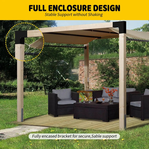 Built To Last Galvanized Steel 2 Way Pergola Brackets Kit for DIY L Shaped Woodworking 6x6 Lumber in backyard setting