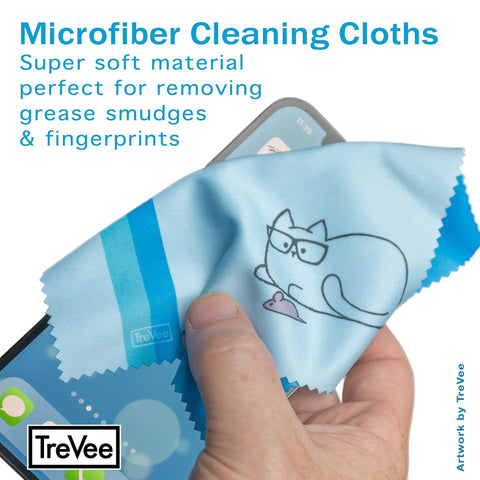 Microfiber cleaning cloth, blue with cat design; TreVee brand for eyeglasses and phones