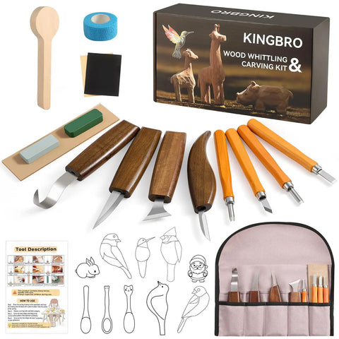 Starter Wood Carving Kit For Beginners And Kids, 20 Piece Set With Eight Whittling Knives, chisels, and tools with carry bag