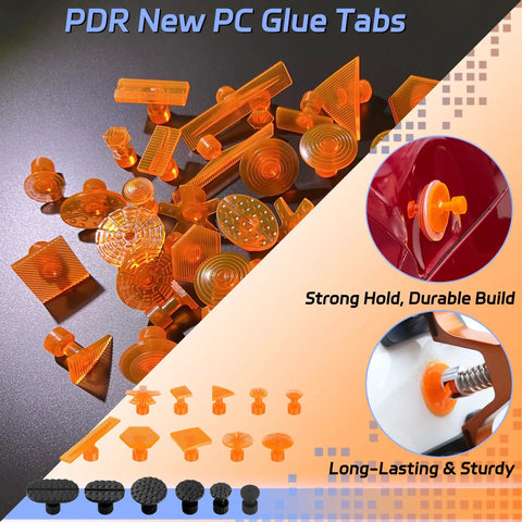 Paintless Dent Repair Kit With LED Line Board And Heat Gun For Glue Removal, orange PC glue tabs in various shapes and sizes