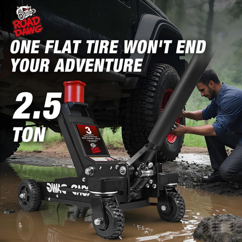 3 Ton Aluminum Off Road Floor Jack With Big Wheel System For Rough Terrain And Heavy Duty Hydraulic Lift Up To 6000 Lbs Capacity For Trucks SUVs And ATVs Portable Professional Jack