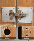 Four Pack Stainless Steel Cabinet Hinge Repair Plates installed on wooden cupboard with before repair images shown