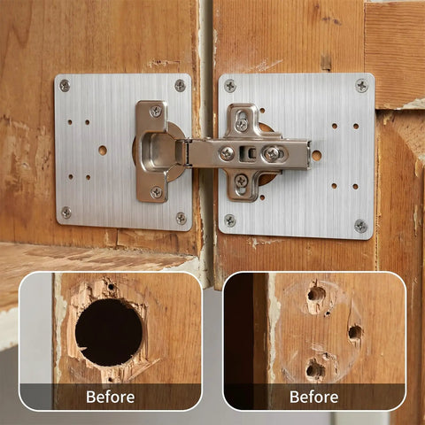 Four Pack Stainless Steel Cabinet Hinge Repair Plates installed on wooden cupboard with before repair images shown