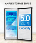 Workhorse Stand Up Upright Freezer Five Cubic Feet With Reversible Door showcasing interior storage and capacity indicator.