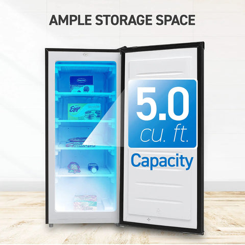 Workhorse Stand Up Upright Freezer Five Cubic Feet With Reversible Door showcasing interior storage and capacity indicator.