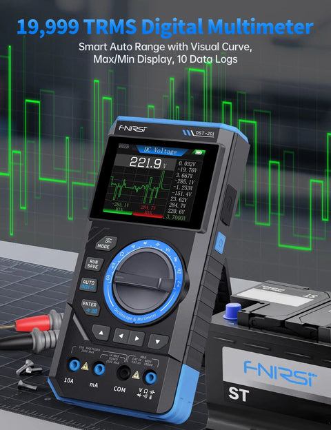 3In1 Digital Multimeter With Built In Oscilloscope And DDS Generator with screen displaying data, showing TRMS 19999 counts
