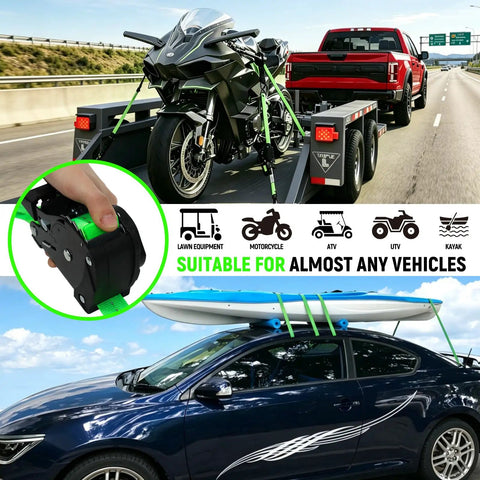 Retractable Ratchet Straps Featuring Control Pull Back System Heavy Duty Self Retracting Cargo Ties For Trucks with motorcycle and kayak.