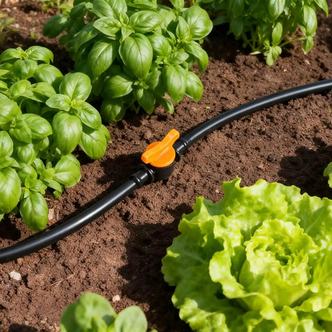 Quarter inch barbed drip irrigation system with orange valve in garden with lettuce, part of 230 Piece All In One Kit.