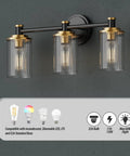 Three Light Black Brass Vanity Fixture With Clear Striped Glass Shades E26 Base Mounts Over Mirror Vintage Yet Modern Bathroom