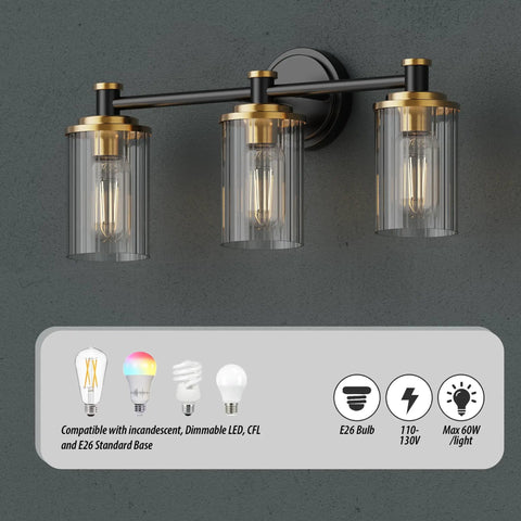 Three Light Black Brass Vanity Fixture With Clear Striped Glass Shades E26 Base Mounts Over Mirror Vintage Yet Modern Bathroom
