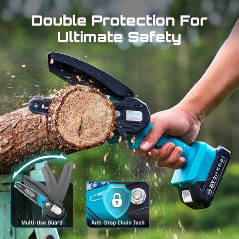 Six Inch Cordless Mini Chainsaw With Two Batteries Portable Electric Chainsaw cutting wood, showcasing safety features