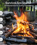 Campfire with metal pot hanging, used with Go To Survival Flint And Steel Fire Starter Kit For Hiking And Camping.