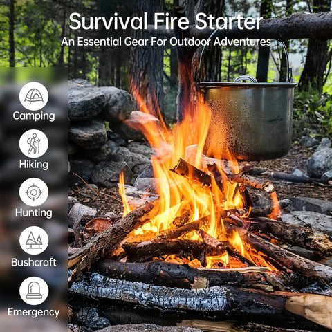 Campfire with metal pot hanging, used with Go To Survival Flint And Steel Fire Starter Kit For Hiking And Camping.