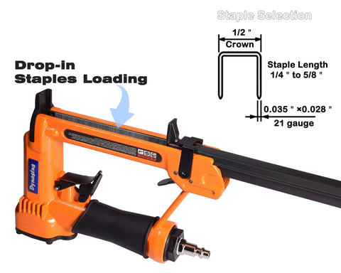 Lightweight Pneumatic Upholstery Staple Gun Kit For Home DIY Repair, 21 gauge, 1/2 inch crown, showing drop-in staples loading