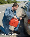 Man using Portable 1.5 Gallon Gas Can With Transfer Hose And Nozzle For Gas And Diesel Anti Spill Design And Child Resistant Cap Easy Pour Spout Mobile Fuel Storage For Boats Docks Farm Shop And Garage on roadside