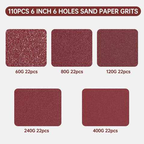 110 Pcs 6 Inch Round Hook And Loop Sanding Discs Set With 6 Hole Design Grits 60 80 120 240 400 shown in grid