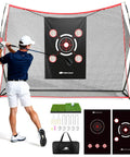 Golf player using 10 by 7 foot golf practice net with 2 targets, includes training mat, indoors or outdoors setup visible