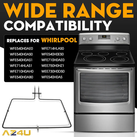 Range Oven Bake Element Replacement For Whirlpool Maytag KitchenAid JennAir Stoves with compatibility list and stove image