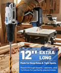 Built Tough 12 Inch Extra Long Drill Bit Set 10 Piece Brad Point Wood Bits in use for deep holes, held by a person wearing gloves.