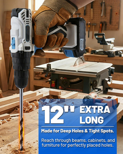 Built Tough 12 Inch Extra Long Drill Bit Set 10 Piece Brad Point Wood Bits in use for deep holes, held by a person wearing gloves.