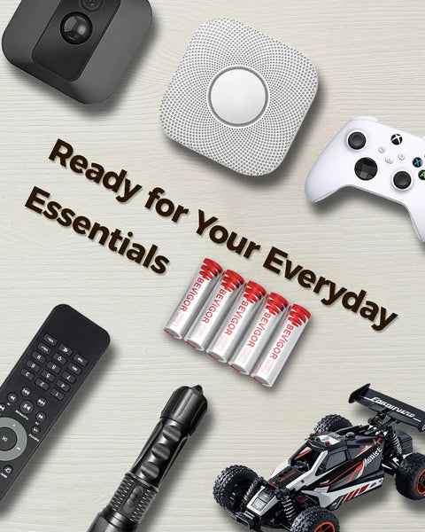 Heavy Duty 1.5V Lithium AA Batteries 24 Pack displayed with flashlights, controllers, and smart devices for essential power.