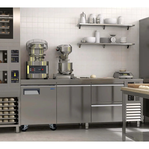 Heavy Duty Commercial Undercounter Freezer 27 Inch 6 Cubic Foot Stainless Steel Auto Defrost in modern kitchen setup.