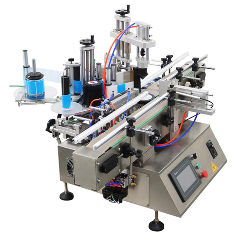 No Sweat Automatic Desktop Conveyor Labeler Supports 110V Power And Cracks Out Up To Sixty Labels Per Minute For Round Or Hex Bottles With Precision Fiber Optic Sensors, detailed view of conveyor mechanism.