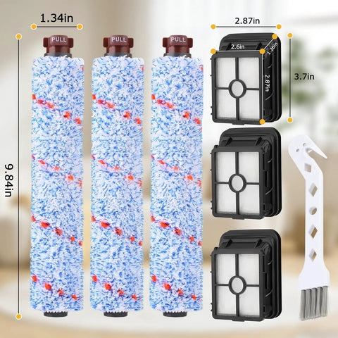CrossWave Replacement Brush Kit With Three Multi Surface Brush Rolls And Three Vacuum Filters For Easy Clean Up Fits 1608683 160 8683 1608684 Models Ready To Go displayed with dimensions and cleaning tool.
